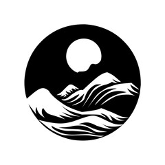 Black and white circular landscape with mountains and stylized waves under a large moon or sun. Represents dynamic nature, water, and earth in a powerful, graphic, minimalist style