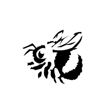 Cute, stylized silhouette of a busy bumblebee or honey bee in flight. A playful, friendly design representing nature, hard work, summer, and ecology in a bold, fun icon style