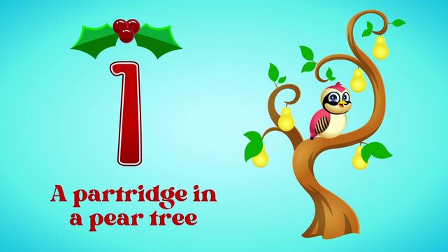 The 12 Days Of Christmas - 1st Day - A Partridge In A Pear Tree - 4K Animation Video Motion Graphics With Background