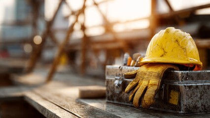 Construction safety gear yellow helmet and gloves on metallic toolbox at construction site industrial environment close-up