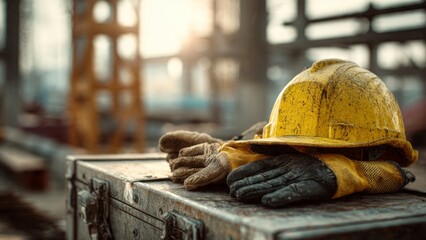 Construction safety gear yellow helmet and protective gloves on toolbox in unfinished steel structure