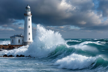 Waves crash against a lighthouse during a dramatic coastal storm in a serene seaside location