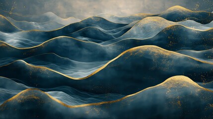 Fluid Mountain Shapes in Teal and Dark Blue With Golden Linear Accents and Atmospheric Mist