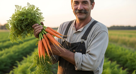 Smiling mature farmer proudly presents a generous bundle of freshly harvested organic carrots in his thriving agricultural field