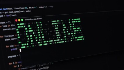 Close-up view of a terminal showcasing Python code, demonstrating programming concepts for creating animated text, suitable for digital interfaces and online text projects - Powered by Adobe