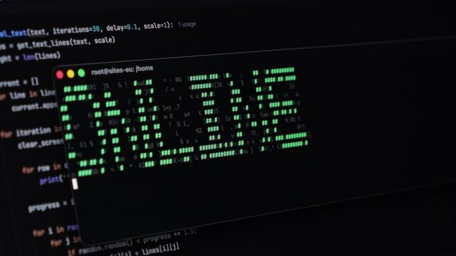 Close-up view of a terminal showcasing Python code, demonstrating programming concepts for creating animated text, suitable for digital interfaces and online text projects