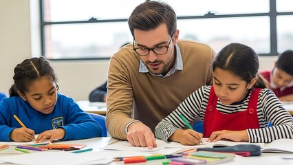 Dedicated educator assisting diverse elementary school students with their assignments in a