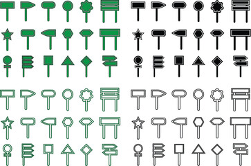 Road Sign Black and green Line and Flat Style Icon Set Collection Group with Various Blank Direction Board Shapes and Synonym Design Elements for Navigation, Guidance, Street Signal Vector