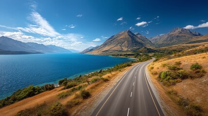Scenic Asphalt Road Curving Through Mountain Valley With Lake and Rugged Peaks Under Clear Sky