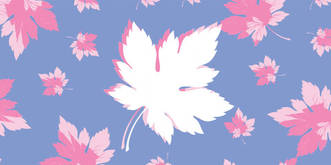 Stylized Maple Leaf Pattern with White and Pink Leaves on a Blue Background.