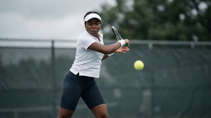 Determined female tennis player in white sportswear strikes a focused backhand on outdoor court, capturing intensity, energy, and athletic precision during match play