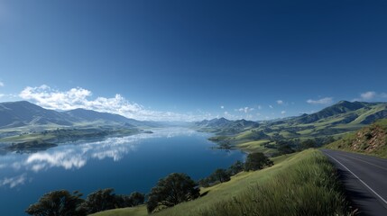 Majestic Snow-Capped Mountain Range Reflected in Tranquil Blue Lake With Winding Road and Greenery