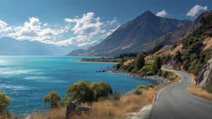 Scenic Asphalt Road Curving Through Mountain Valley With Lake and Rugged Peaks Under Clear Sky