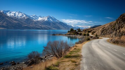 Scenic Asphalt Road Curving Through Mountain Valley With Lake and Rugged Peaks Under Clear Sky