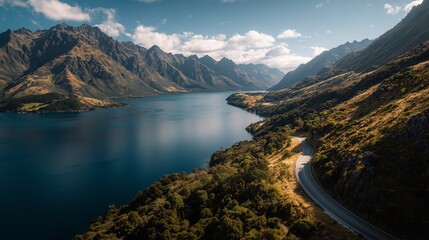 Scenic Asphalt Road Curving Through Mountain Valley With Lake and Rugged Peaks Under Clear Sky