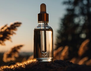 Empty Glass Dropper Serum Bottle Held in Hand Over Rustic Wooden Surface &ndash; Organic Skincare Concept
