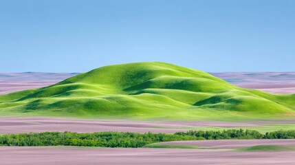 Obraz premium Vibrant Green Hill Centerpiece on Expansive Plains Under Clear Blue Sky Aerial View Majestic Natural Landscape