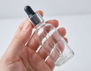 Clear Empty Serum Dropper Bottle in Hand Near Window Light &ndash; Natural Skincare Lifestyle