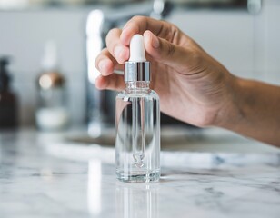 Empty Skincare Dropper Bottle Held in Hand Over Bathroom Vanity &ndash; Clean Beauty Packaging