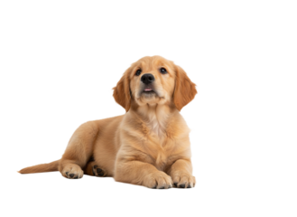 Golden retriever puppy lying down with soft fur and gentle eyes looking upward isolated on transparency background, adorable and calm expression showing innocence and warmth