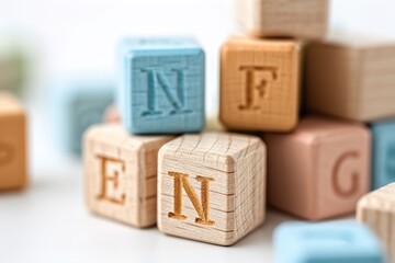 Wooden toy cubes sit in a bright area. Each cube has letters carved on its sides, inviting children to play and learn. The setting encourages creativity and imagination