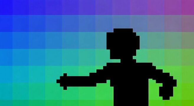pixelated human silhouette with blocky shape standing against colorful gradient square background, abstract digital minimalism, retro pixel art style.