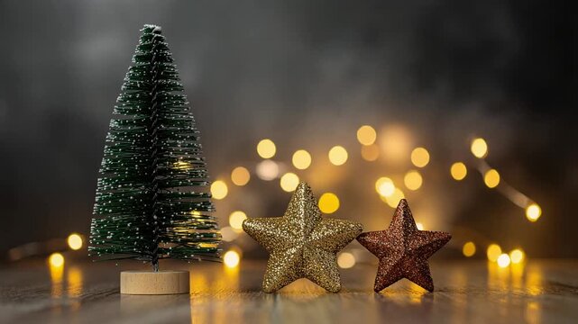 elegante de una peque&ntilde;a decoraci&oacute;n navide&ntilde;a compuesta por un &aacute;rbol de escritorio con efecto nevado y una estrella dorada con purpurina. Al fondo, luces c&aacute;lidas desenfocadas crean un ambiente acogedor