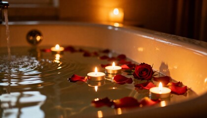 Relaxing bath with candles and rose petals in serene atmosphere