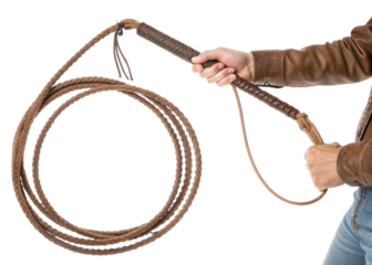 hand holding Cowboy whip isolated on a transparent background.