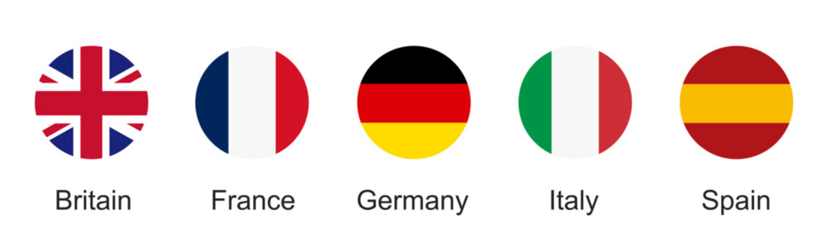 European flags in standard colors. Circle button icon flag set. United Kingdom, France, Germany, Italy, Spain