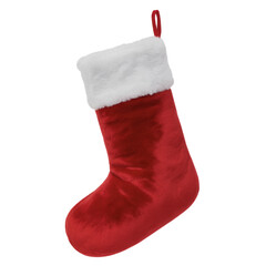 Red velvet Christmas stocking with white fur trim isolated on black background gift