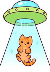 Aliens on flying saucer abduct cat. Funny cartoon UFO drawing, vector illustration.