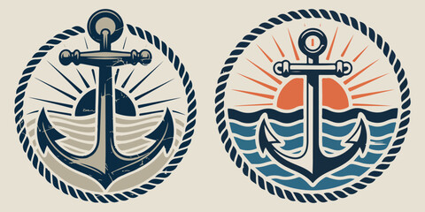Two Nautical Anchors With Sun And Waves In Rope Circles vector