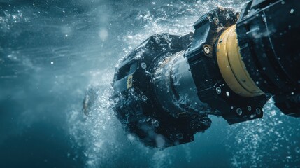 A robotic arm is submerged in water, performing tasks. Bubbles rise around the machinery as it operates in an ocean setting. The scene captures the interaction between technology and water