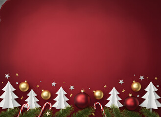 Title: Elegant Red Christmas Background with Bottom Ornament Arrangement