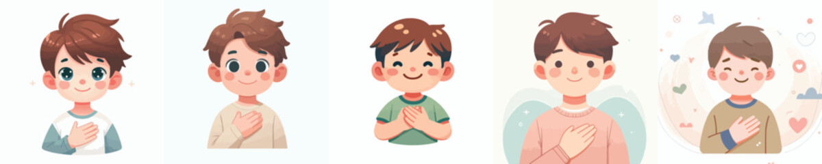 vector of a little boy putting his hand on his chest as a sign of empathy