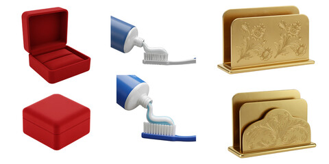 Collection of objects including a ring box toothbrush and coasters