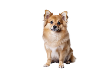 Small dog sitting fluffy dog relaxed posture white background studio photo cute pet furry animal alert ears brown fur black nose friendly expression canine domestic animal sitting position