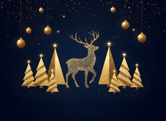 Title: Elegant Midnight Blue Christmas Scene with Golden Reindeer and Trees