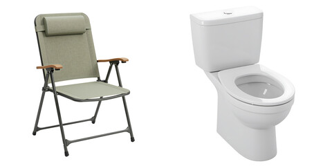 Folding camp chair and white toilet side by side isolated on white 