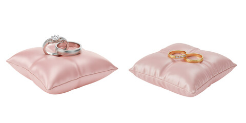 Two pink satin ring bearer pillows with wedding rings
