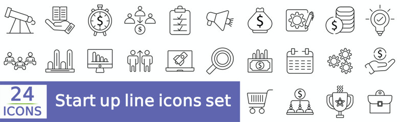 Startup icon set. Containing startup, innovation, business plan, investment, launch, funding, investor,