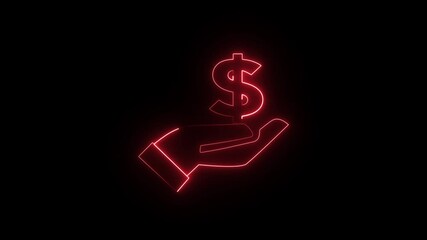 a neon sign featuring a hand holding a dollar symbol. 4k neon outline animation videos