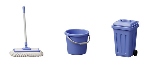 Cleaning supplies including a mop bucket and trash can on a white  background