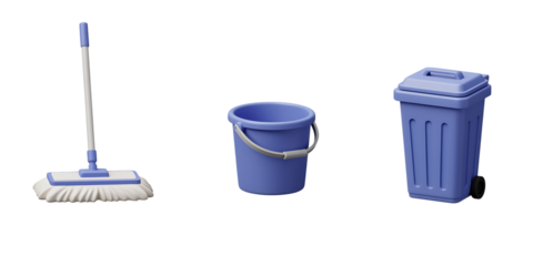 Cleaning supplies including a mop bucket and trash can on a white  background