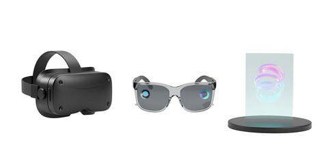Virtual reality headset augmented reality glasses and holographic display on white background