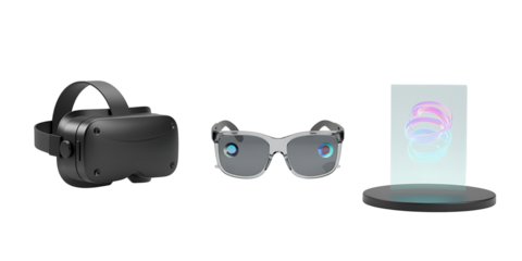 Virtual reality headset augmented reality glasses and holographic display on white background