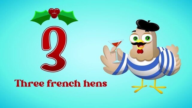The 12 Days Of Christmas - 3rd Day - Three French Hens - 4K Animation Video Motion Graphics With Background