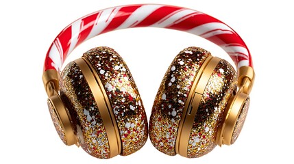 Glittery gold headphones with candy cane headband isolated on white background