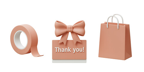 Gift wrapping supplies including tape bow and shopping bag